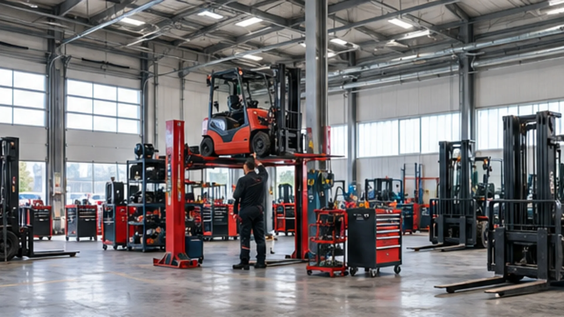 Taller industrial con autoelevador en mantenimiento